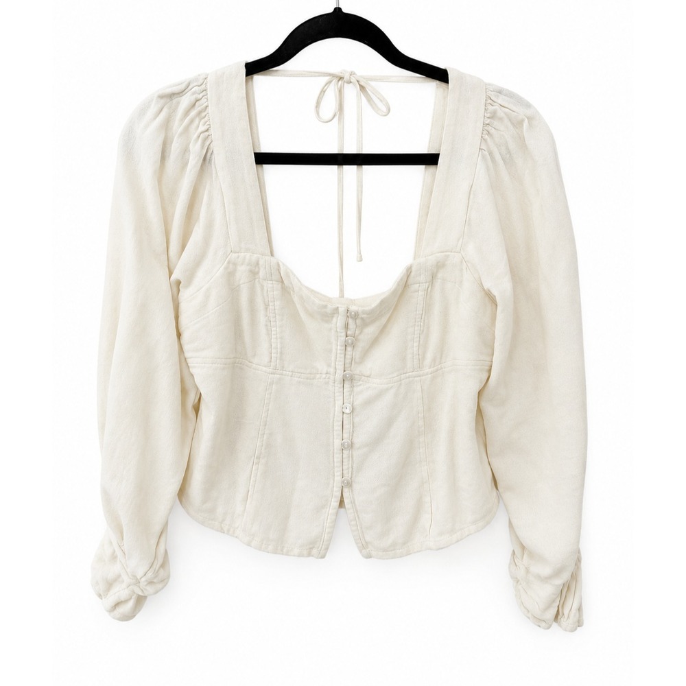 Free People Crop Top Cream Smocked Puff Sleeve Boho Sz M